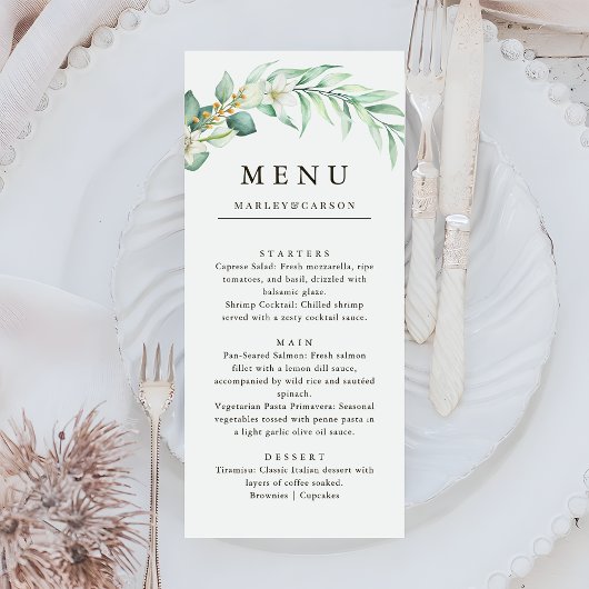 Menu Élégante verdure feuillage mariage dîner