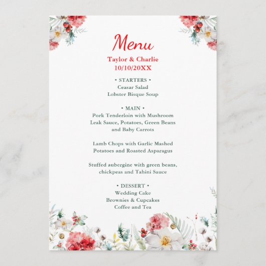 Menu Elégante verdure Florale Mariage d'hiver (Devant)