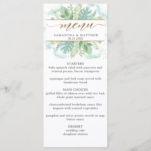 Menu Elégante verdure, vert pâle et bleu aquarelle (Devant)