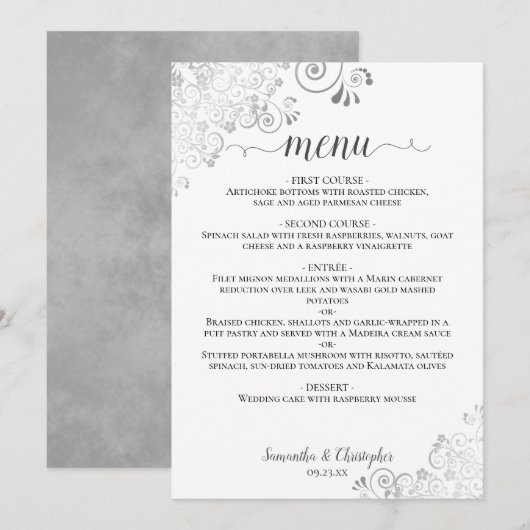 Menu Élégantes Boucles Argentées sur Mariage Chic Blanc (Devant / Derrière)