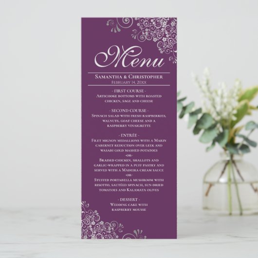 Menu Elégantes boucles d'argent sur Plum violet Mariage (Debout devant)