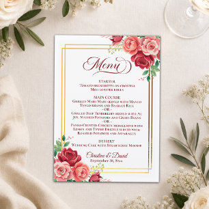 Menu Élégantes Fleurs Rose Pâle Cadre Doré Mariage
