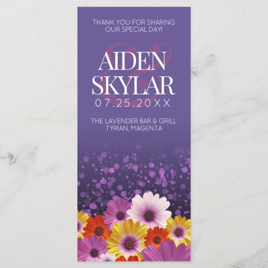 Menu Élégantes marguerites avec Mariage à Parties scint (Dos)