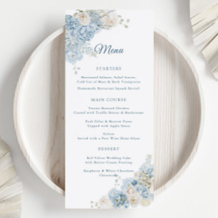 Menu Élégantes Roses Florales Bleues de Mariage à l'Aqu