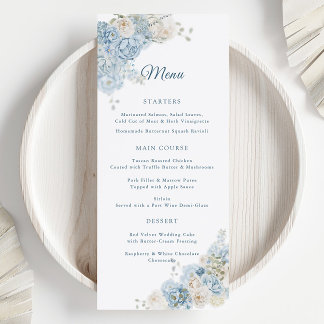 Menu Élégantes Roses Florales Bleues de Mariage à l'Aqu
