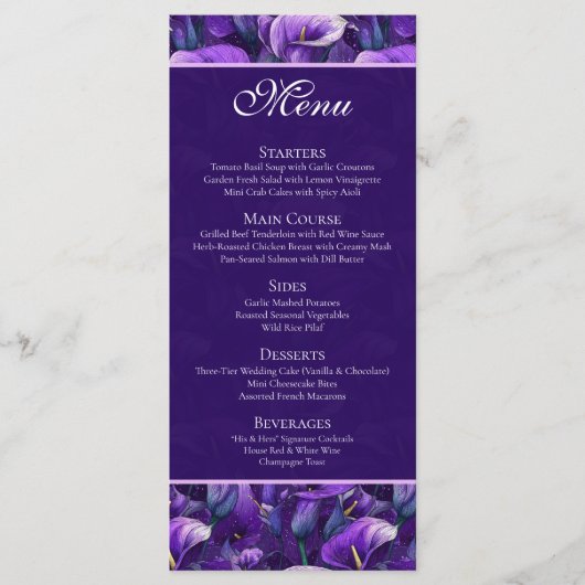 Menu Élégants Lys calla violets inspirés de destination (Devant)