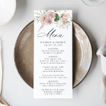 Menu Elegnat Romantic Aquarelle Mariage Floral<br><div class="desc">Ajoutez une touche d'élégance à votre réception de mariage avec ce menu magnifiquement conçu, avec un délicat arrangement floral aquarelle au sommet. "Menu" est affiché dans un élégant script de calligraphie, créant un look sophistiqué et intemporel. Des teintes douces de rose, rose, bleu, violet, blanc et vert poussiéreux rehaussent l'esthétique...</div>