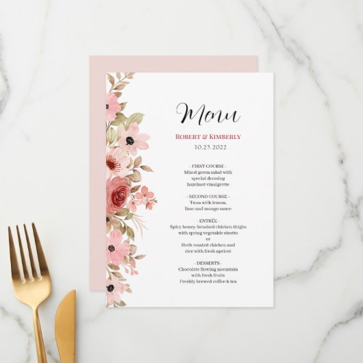 Menu ELLE Rose Fleur Élégant Mariage (Devant/Arrière en situation)
