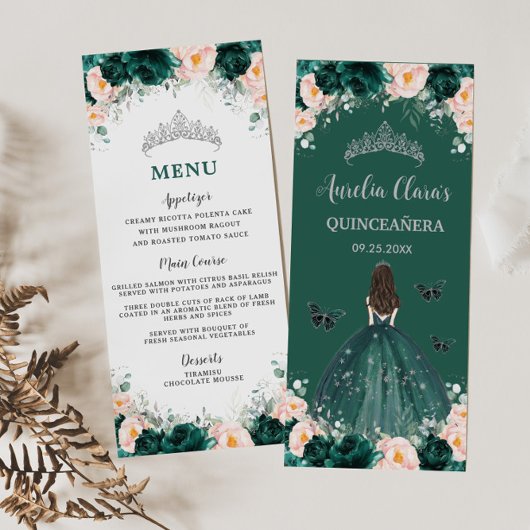 Menu Emerald Blush Floral Princess Quinceañera