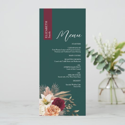 Menu Emerald Burgundy Mariage avec nom (Debout devant)