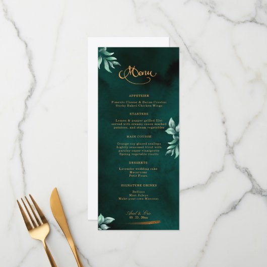 Menu Emerald Eucalyptus Green Elegant Script Mariage (Devant/Arrière en situation)