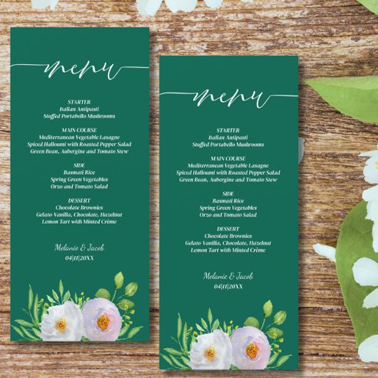 Menu Emerald Green Blanc Floral Mariage