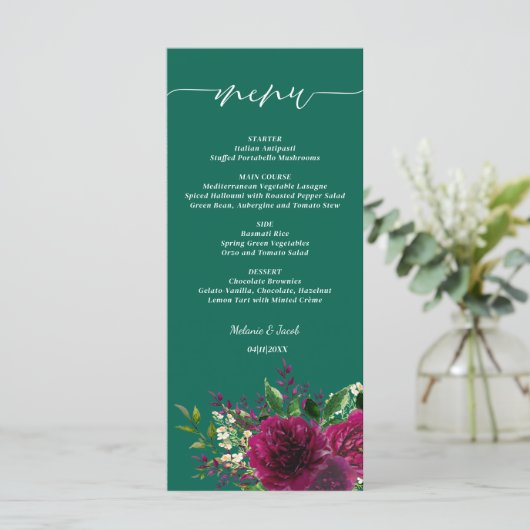 Menu Emerald Green Bourgogne Floral Mariage (Debout devant)