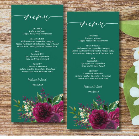 Menu Emerald Green Bourgogne Floral Mariage