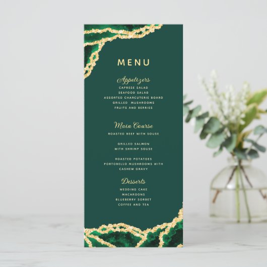 Menu Emerald Green & Gold Agate Mariage élégant (Debout devant)