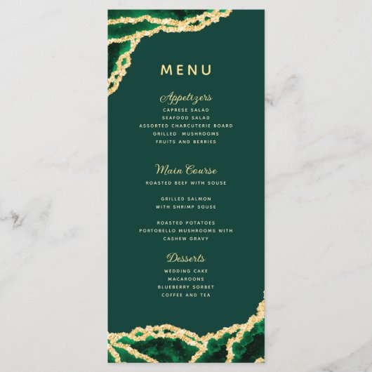 Menu Emerald Green & Gold Agate Mariage élégant (Devant)