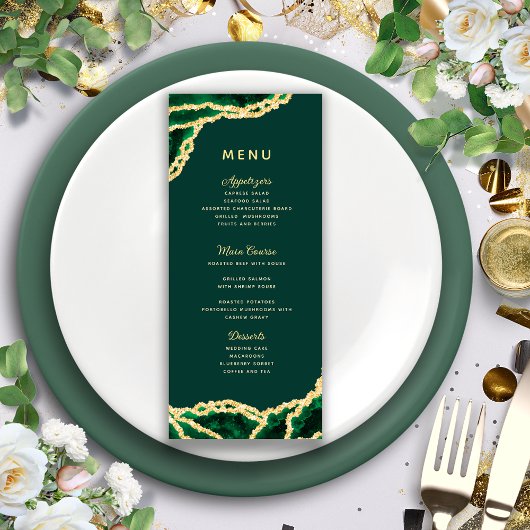 Menu Emerald Green & Gold Agate Mariage élégant