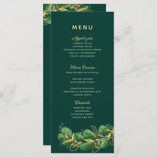 Menu Emerald Green & Gold Eucalyptus Mariage vert (Devant / Derrière)