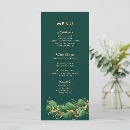 Menu Emerald Green & Gold Eucalyptus Mariage vert (Debout devant)