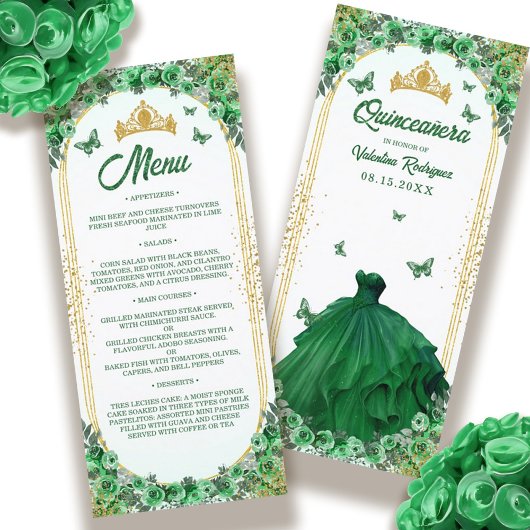 Menu Emerald Green Gold Parties scintillant Floral Quin