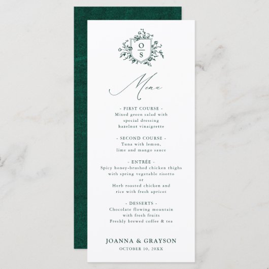 Menu Emerald Greenery Mariage botanique Vintage (Devant / Derrière)