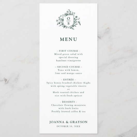 Menu Emerald Greenery Mariage botanique Vintage (Devant)