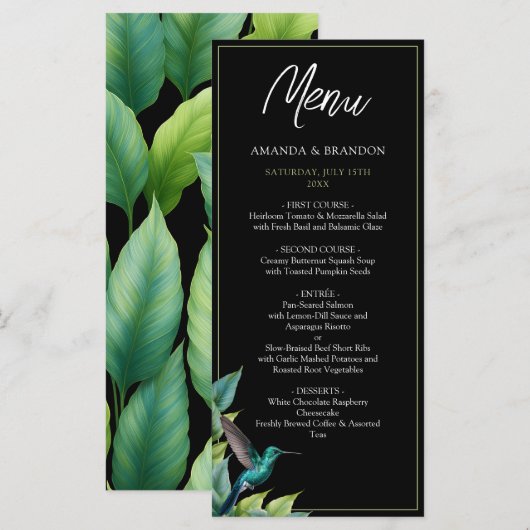 Menu Emerald Hummingbird Tropical Feuille Mariage (Devant / Derrière)
