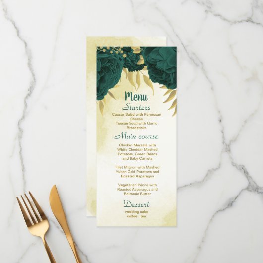 Menu Emerald vert fleurs or feuille mariage (Devant/Arrière en situation)