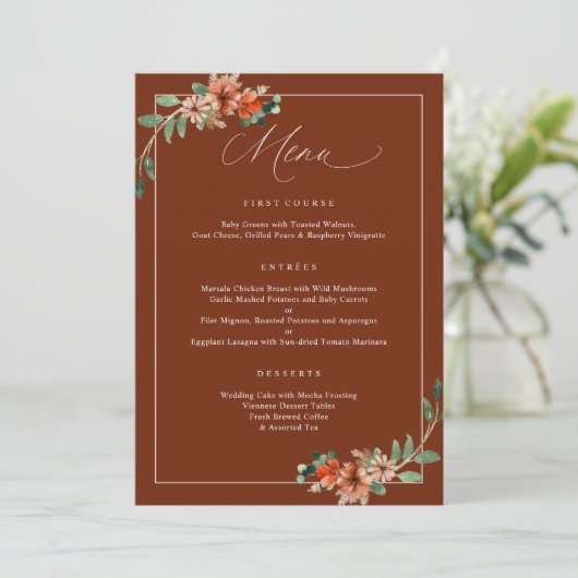 Menu Emeraude et rouille Mariage vert orange brûlé (Debout devant)