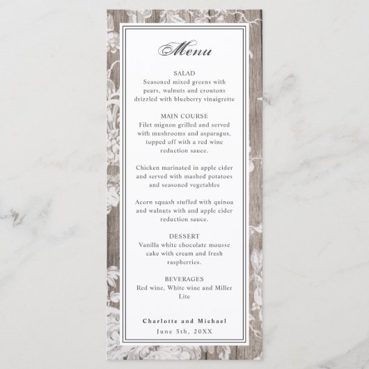 Menu Empreinte fleur romantique sur le mariage de bois (Devant)