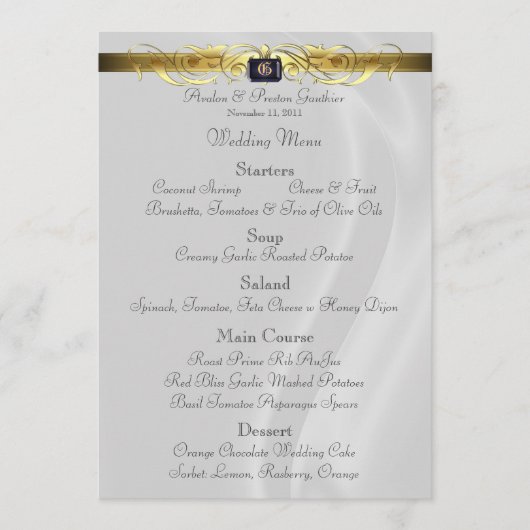 Menu en soie blanc de mariage de rouleau d'or de (Devant)