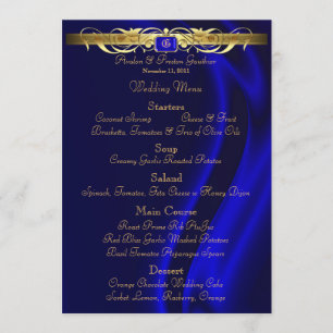 Menu en soie bleu de mariage de rouleau d'or de