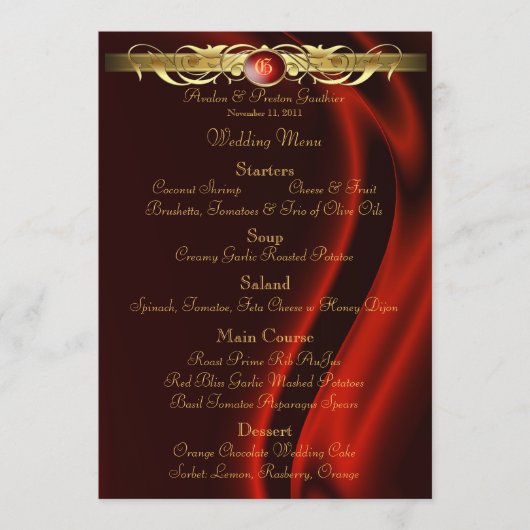 Menu en soie rouge de mariage de rouleau d'or de (Devant)