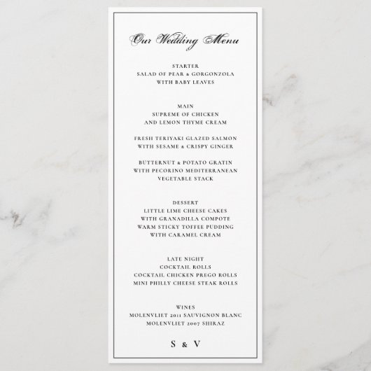 Menu encadré | Calligraphie Élégant Mariage Monogramme (Devant)