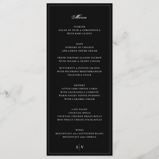 Menu encadré | Élégant Mariage noir Monogram (Devant)