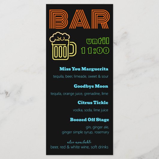 Menu Enseigne de bar néon Boissons (Devant)
