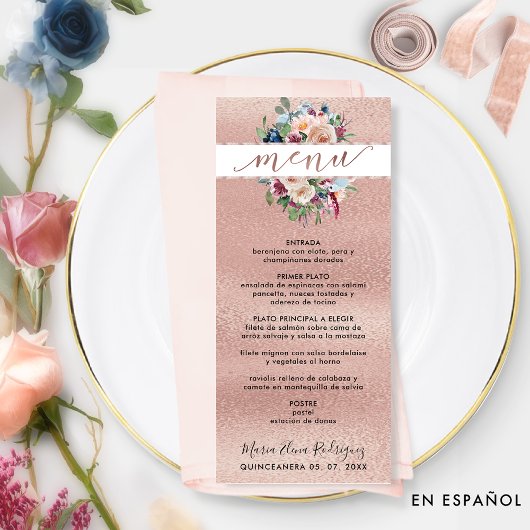 Menu Espagnol, Rose Gold Pastel Floral Quinceañera