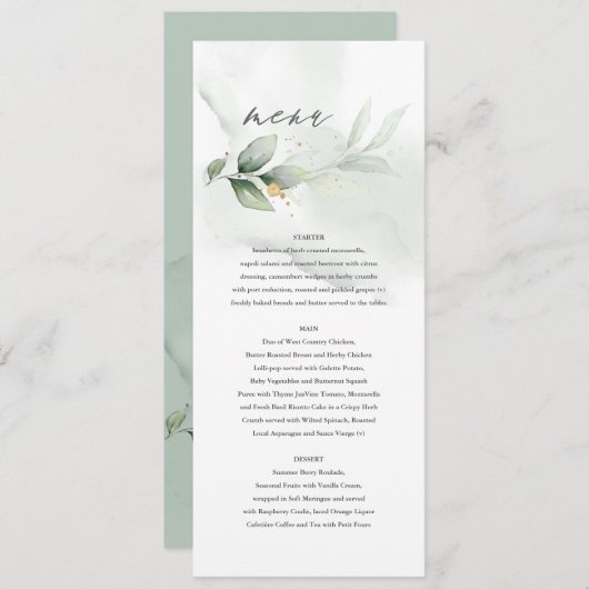 Menu Ethersage vert eucalyptus mariage moderne (Devant / Derrière)