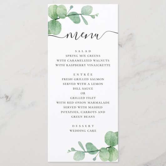 Menu Eucalyptus aquarelle. Écriture élégante de mariage (Devant)