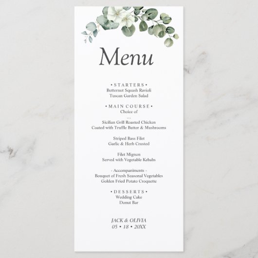 Menu Eucalyptus aquarelle Rustic Greenery Mariage (Devant)