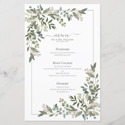 Menu Eucalyptus Botanical Sage Green Wedding (Voorkant)