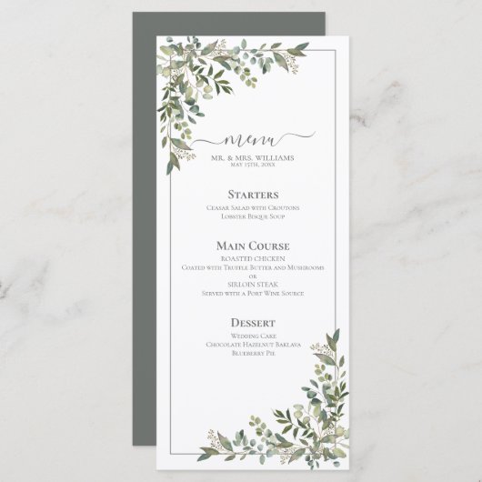 Menu Eucalyptus Botanique Sage Mariage vert (Devant / Derrière)
