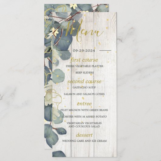 Menu Eucalyptus Feuille Floral Rustique Mariage or bois (Devant / Derrière)