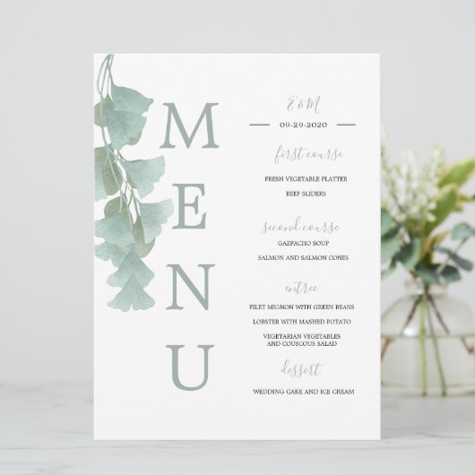 Menu Eucalyptus Feuille Vert Été Mariage élégant (Debout devant)