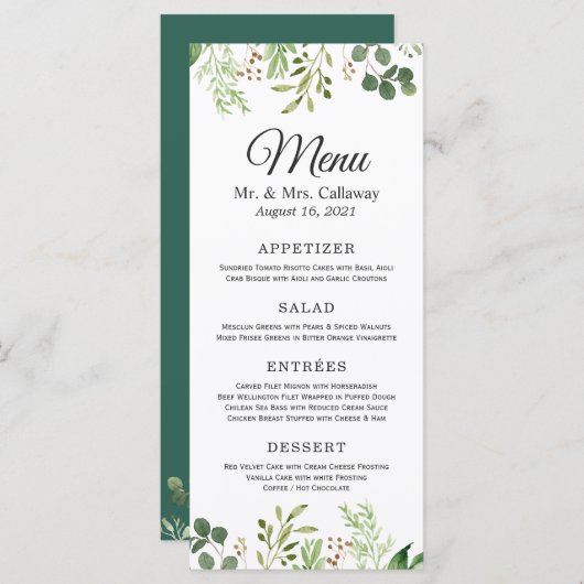 Menu Eucalyptus Feuilles Élégant Mariage chic (Devant / Derrière)