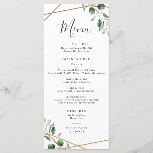 Menu Eucalyptus Géométrique Or Mariage vert (Devant)