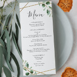 Menu Eucalyptus Géométrique Or Mariage vert<br><div class="desc">Conçu pour correspondre à notre collection Moody Greenery mariage,  ce menu personnalisable présente un feuillage vert sauge eucalyptus aquarelle accentué d'un cadre géométrique doré au texte gris. Pour effectuer des modifications avancées,  accédez à l'option "Cliquez pour customiser plus loin" sous Personnaliser ce modèle.</div>