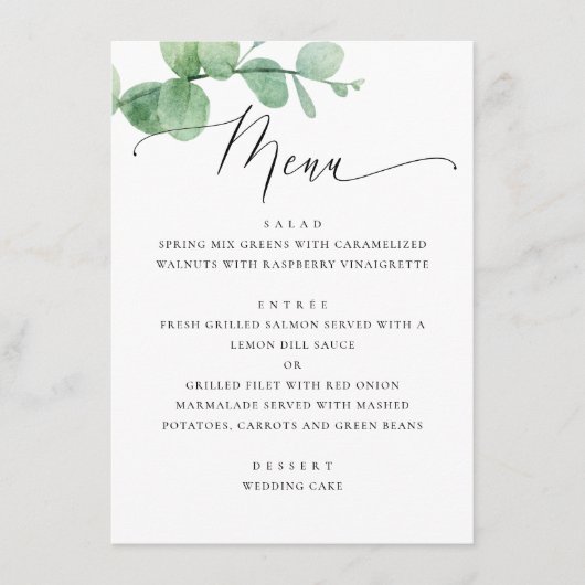 Menu Eucalyptus Greenery Garden Wedding. Elegant Script (Devant)