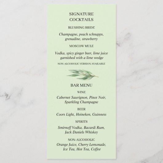 Menu Eucalyptus Mariage de feuillage vert or (Dos)