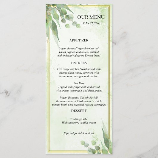 Menu Eucalyptus Mariage de feuillage vert or (Devant)